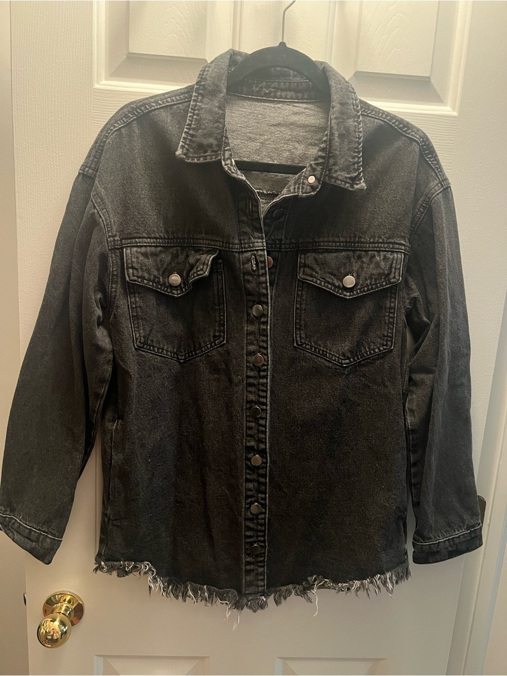 Washed Black Denim Jacket with Frayed Hem